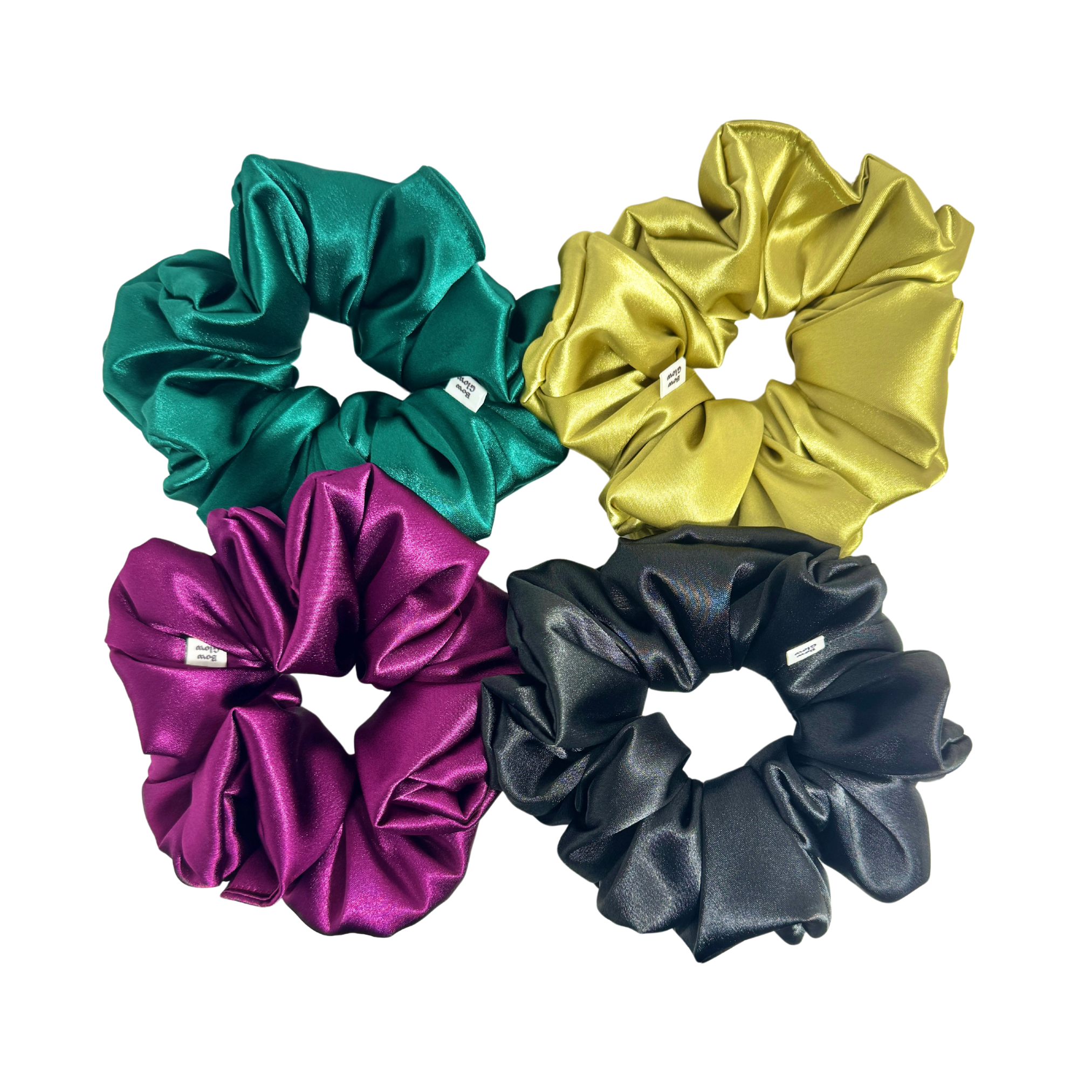 Bow Glow Premium Satin Silk Scrunchies - Royal Glow Collection | 4-Pack, Large