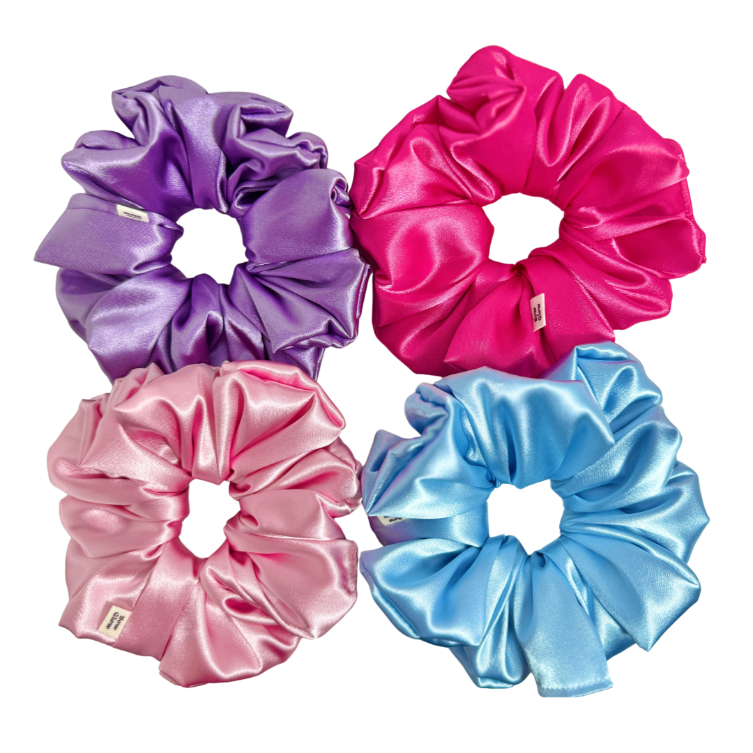 Bow Glow Premium Satin Silk Scrunchies - Sweet Glow Collection | 4-Pack, Large