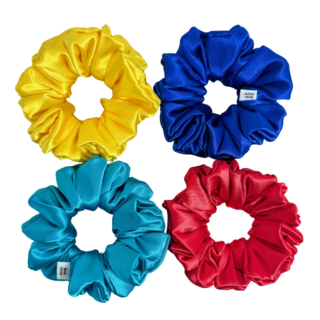 Bow Glow Premium Satin Silk Scrunchies - Vibrant Glow Collection | 4-Pack, Medium